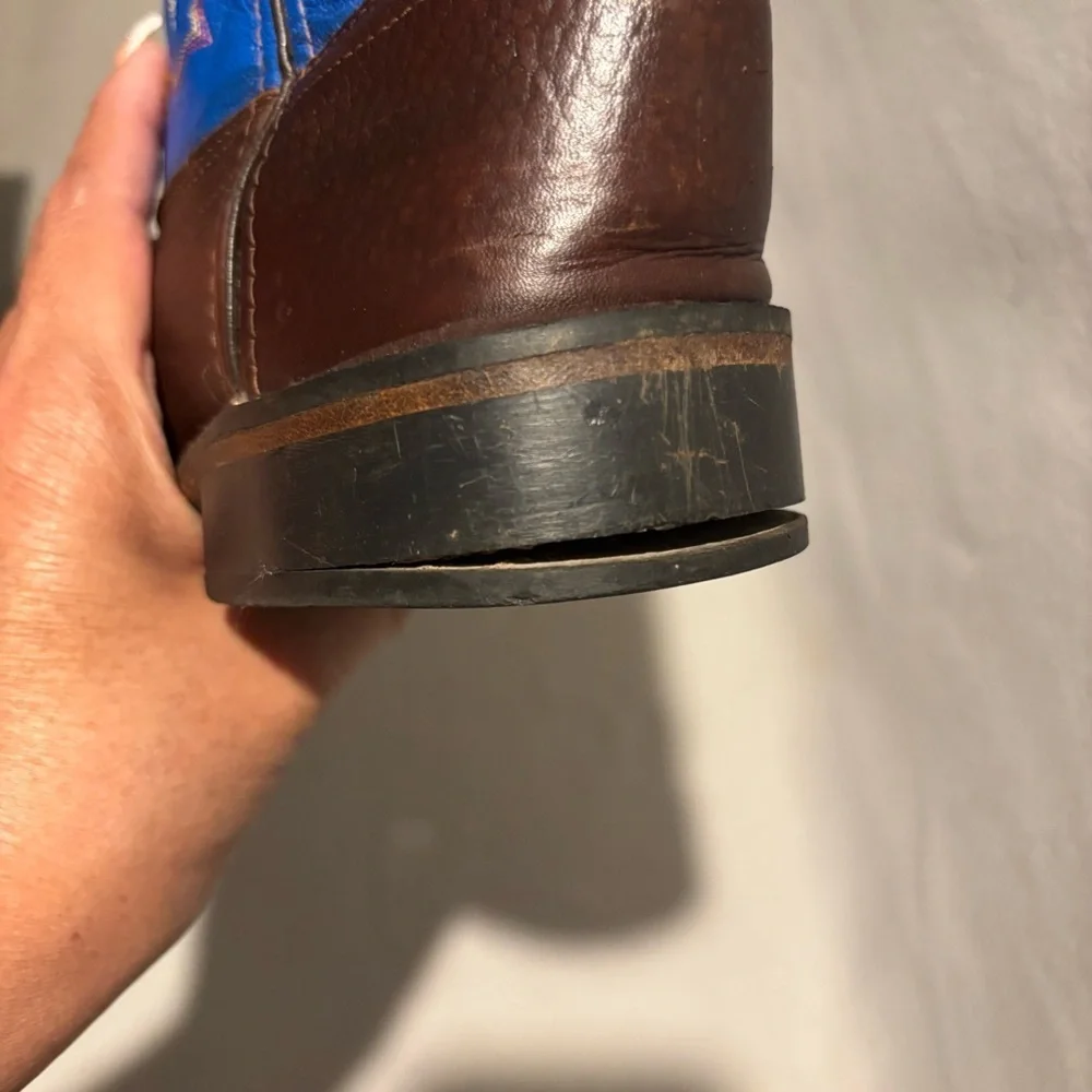 Old West Brown Blue Leather Square Toe Cowboy Boots Youth SZ 020 Style BSC1840